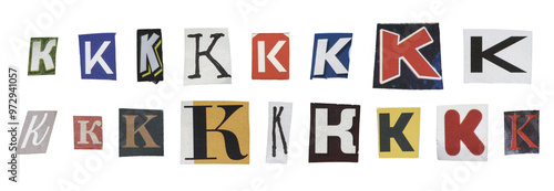 Set of isolated cut-out letter “K” from magazines on a transparent background, retro y2k style