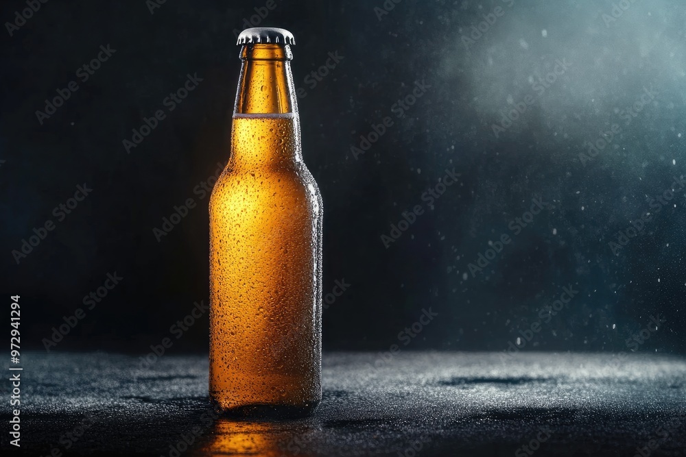 Frosted beer bottle with condensation, set against a dark background for a dramatic effect Frosted beer bottle with condensation, set against a dark background for a dramatic effect