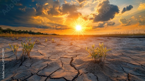 A dry, cracked landscape with wilted plants and a blazing sun overhead, illustrating the effects of extreme heat and drought caused by global warming. photo