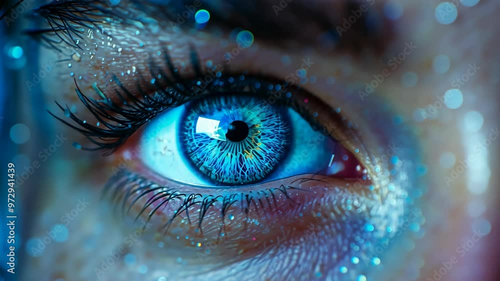 Close-up of a vibrant blue eye with shimmering details and striking depth captured in natural light Close-up of a vibrant blue eye with shimmering details and striking depth captured in natural light