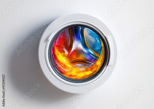 Washing machine with colorful inside, blurred motion of spinning drum isolated on white background