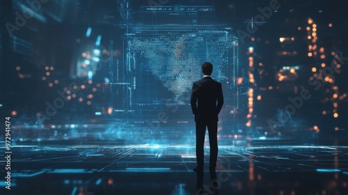 Businessman standing in front of a futuristic interface with holographic data. Technology and business concept