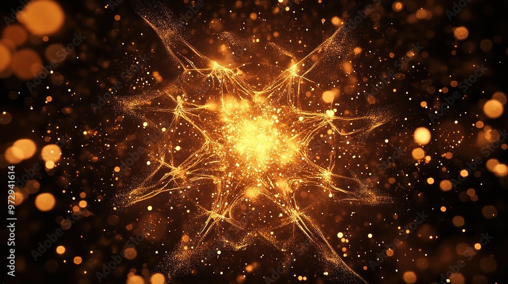Fototapeta premium Golden particles swirl around a luminous core, creating a mesmerizing display of light and texture in a dark environment