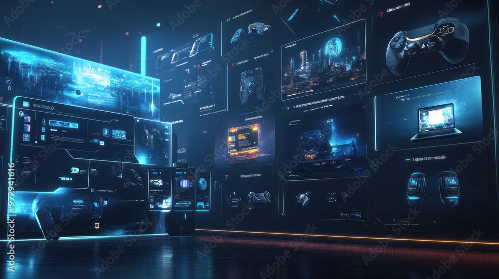 Futuristic gaming interface showcasing various devices and controls in a digital environment. Futuristic gaming interface showcasing various devices and controls in a digital environment.