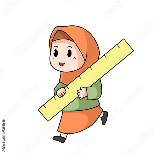 Muslim woman is running while carrying a ruler. back to school