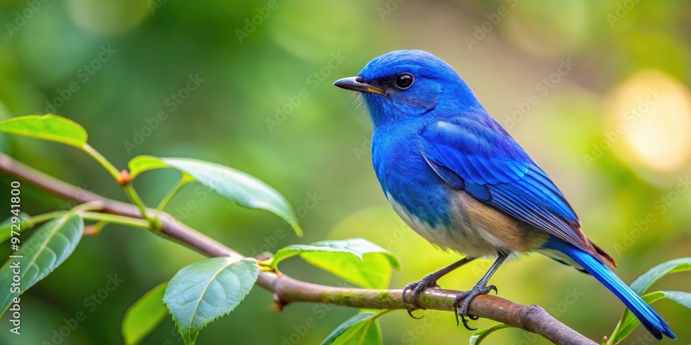 Blue bird perched on a leafy branch in a natural setting, Blue, bird, branch, nature, wildlife, outdoors, perched, feathers Blue bird perched on a leafy branch in a natural setting, Blue, bird, branch, nature, wildlife, outdoors, perched, feathers