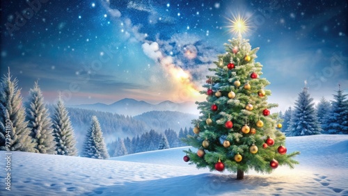 Christmas greeting card featuring a vertical image of a Christmas tree and winter landscape , Christmas, greeting card