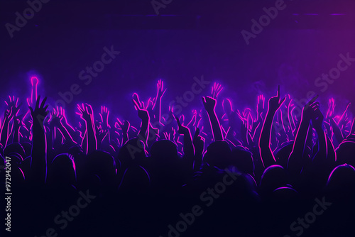 Neon silhouette of a cheering stadium crowd isotated on black background. photo