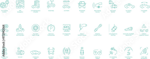 Tire Pressure Monitor, GPS Navigation, Car Maintenance Checklist, Road Map, Car Wash, Windshield Crack, Rear Parking Sensors, Blind Spot Monitor, Car Stereo System, Convertible Roof vector icon set
