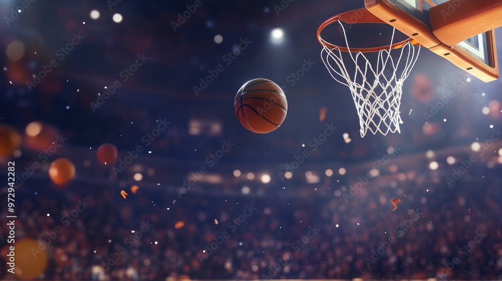 A dynamic shot of a basketball in mid-air, heading towards the hoop with a dramatic background of a basketball court and cheering crowd. A dynamic shot of a basketball in mid-air, heading towards the hoop with a dramatic background of a basketball court and cheering crowd.