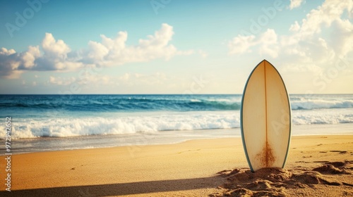 A surfboard stands on a sandy beach with gentle waves and a serene sky in the background.