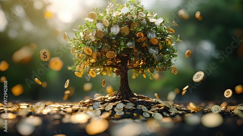 34. 3D investment scene, with a growing digital tree made of coins and banknotes, its branches filled with dollar signs and stock symbols photo