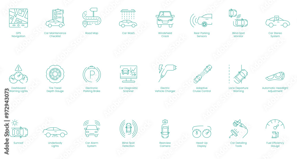 GPS Navigation, Car Maintenance Checklist, Road Map, Car Wash, Windshield Crack, Rear Parking Sensors, Blind Spot Monitor, Car Stereo System, Dashboard Warning Lights vector icon set GPS Navigation, Car Maintenance Checklist, Road Map, Car Wash, Windshield Crack, Rear Parking Sensors, Blind Spot Monitor, Car Stereo System, Dashboard Warning Lights vector icon set
