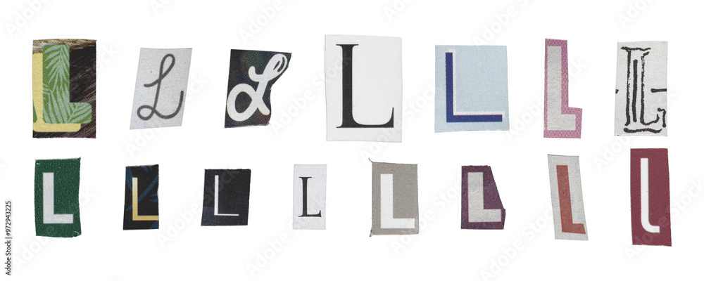 Set of isolated cut-out letter “L” from magazines on a transparent background, retro y2k style Set of isolated cut-out letter “L” from magazines on a transparent background, retro y2k style