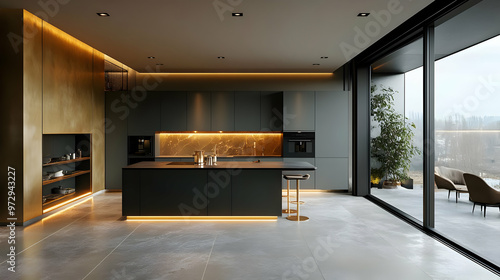 Modern kitchen with sleek design and warm lighting, featuring a large island and outdoor view.