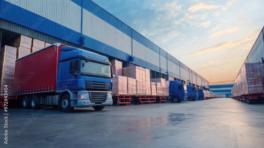 Obraz premium Close up fleet of trucks parked in front of warehouse to delivering factory goods