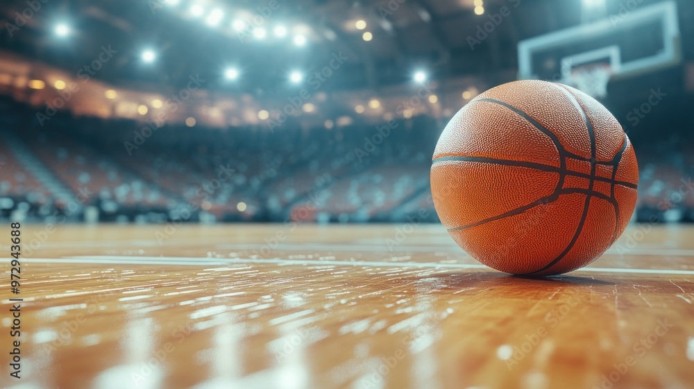 A basketball on a wooden court, with a blurred audience in a sports arena. A basketball on a wooden court, with a blurred audience in a sports arena.