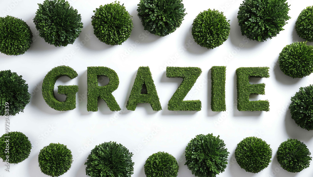 grazie word shrubs trimmed on white background grazie word shrubs trimmed on white background