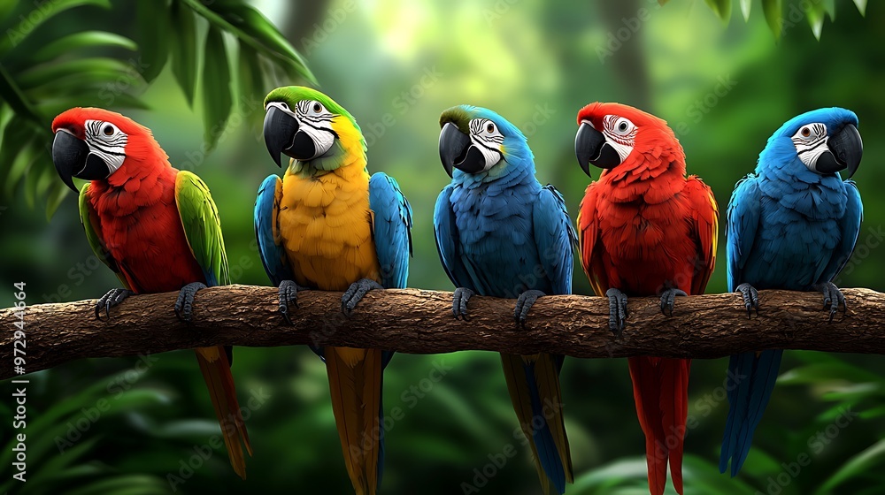 Obraz premium Vibrant macaws perched on branches within a tropical jungle, showcasing their brilliant feathers and the lush rainforest backdrop.