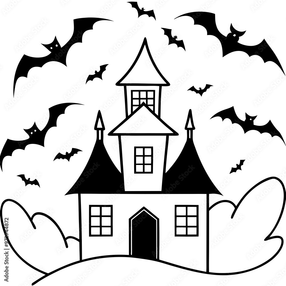 custom made wallpaper toronto digitalSpooky Haunted House with Flying Bats in Black and White Halloween Illustration