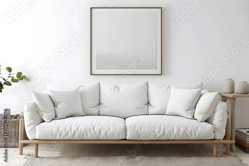 Posters mock up in Scandinavian interior with white sofa, 3d render Mock up. Generative Ai.