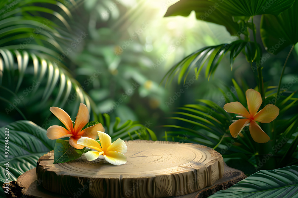 Product presentation with a wooden podium set amidst a lush tropical forest and flower,enhanced by a vibrant green. Generative Ai. Product presentation with a wooden podium set amidst a lush tropical forest and flower,enhanced by a vibrant green. Generative Ai.