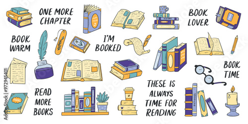 Books, reading doodles and quotes collection for stickers, prints, planners, clipart, cards, social media, banners, etc. EPS 10