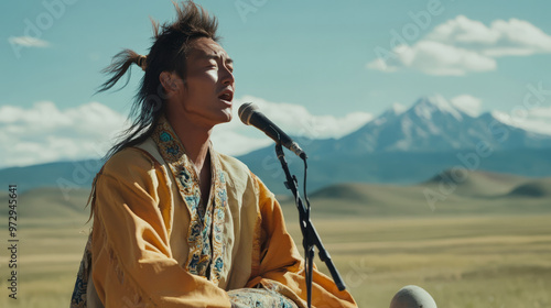 Mongolian throat singer performing outdoors, deep resonant sounds echoing across the open steppe, mountains in the background photo