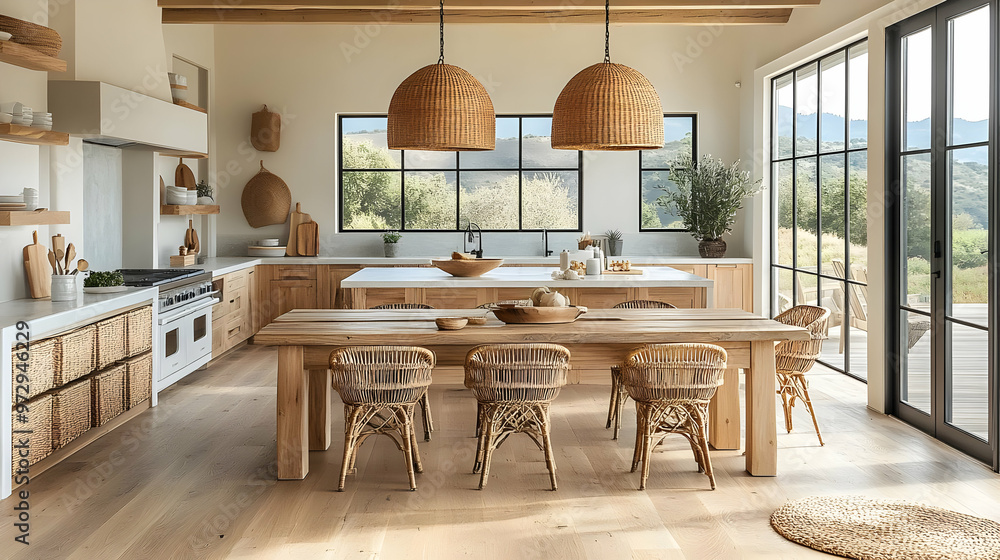 Modern kitchen with wooden elements and large windows showcasing a scenic view. Modern kitchen with wooden elements and large windows showcasing a scenic view.