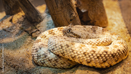 Fényképezés Desert Sidewinder coiled up in a zoo herpetarium