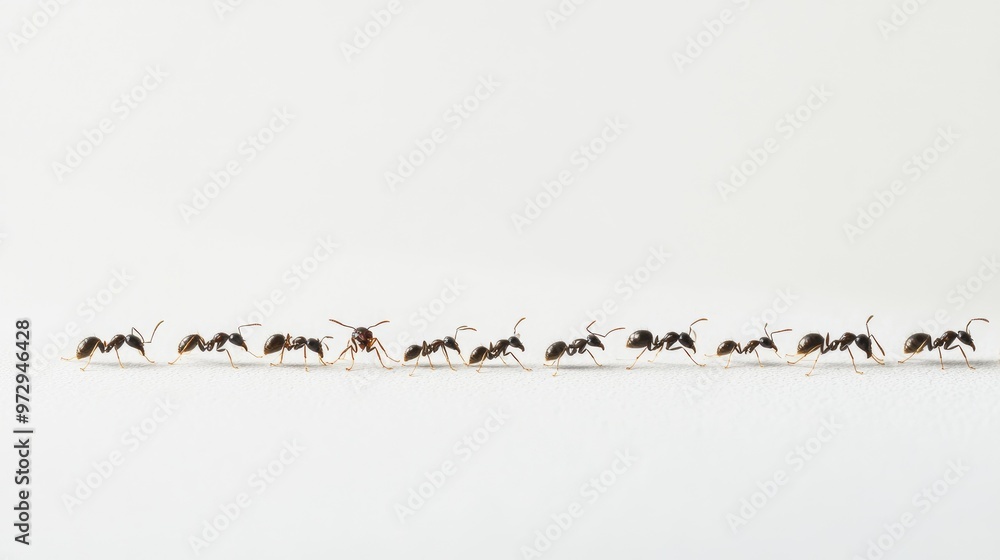 A group of ants moving in a line on a clean white surface, highlighting their organized trail and tiny, intricate details as they work together. A group of ants moving in a line on a clean white surface, highlighting their organized trail and tiny, intricate details as they work together.