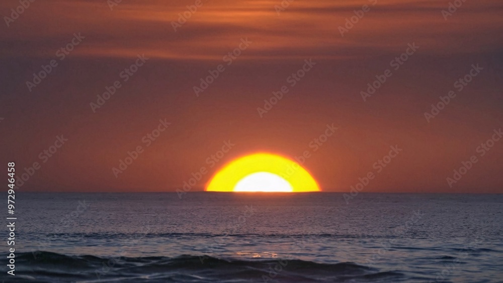 A fiery sunset over a calm ocean with a glowing horizon. A fiery sunset over a calm ocean with a glowing horizon.
