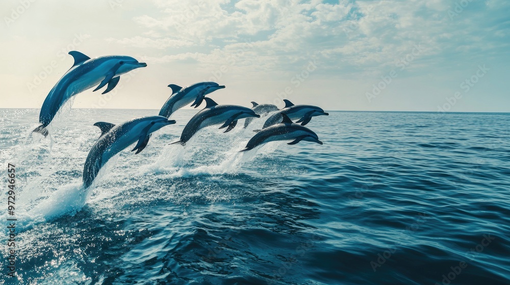 Fototapeta premium A group of dolphins leaping joyfully out of the water in unison, with the clear blue ocean and a bright sky in the background, creating a lively and playful scene.