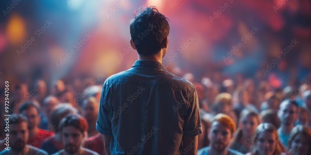 Man speaking to crowd with microphone at concert, blurred colorf Man speaking to crowd with microphone at concert, blurred colorf