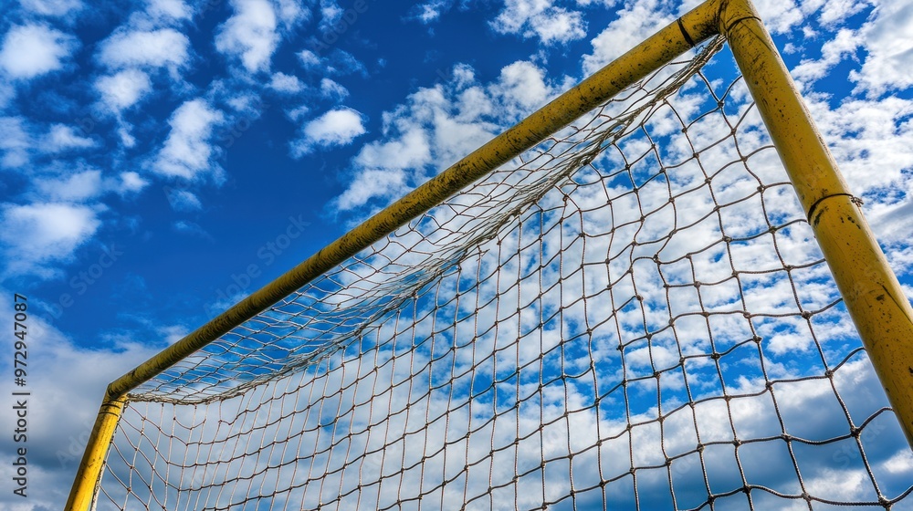 A soccer goal post under a blue sky with clouds, emphasizing sports and outdoor activity. A soccer goal post under a blue sky with clouds, emphasizing sports and outdoor activity.