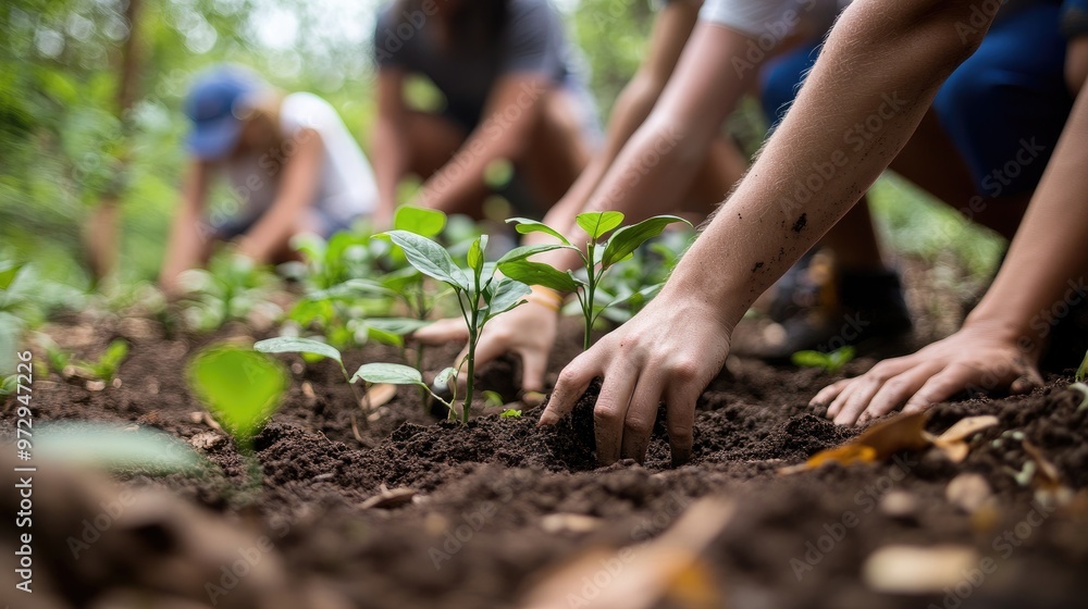 A group of volunteers planting young trees in a deforested area, with a focus on their hands working the soil and the new saplings being carefully placed. A group of volunteers planting young trees in a deforested area, with a focus on their hands working the soil and the new saplings being carefully placed.