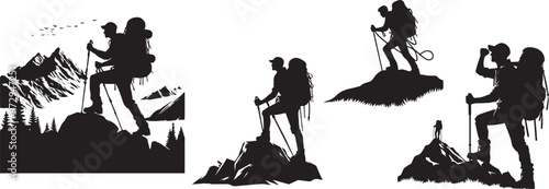 hiker mountain climber adventure silhouette vector illustration 