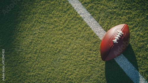 A close-up view of an American football on a grassy field with yard lines.