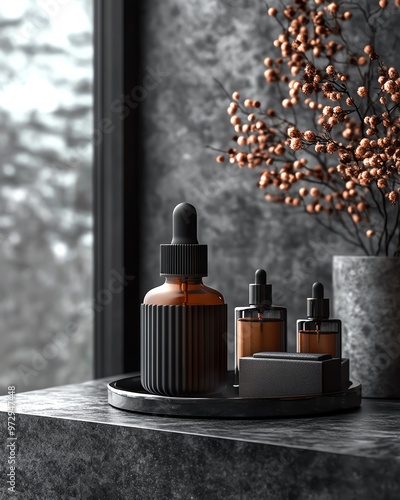 Elegant black glass dropper bottle on a tray, surrounded by other bottles and minimalist decor. photo