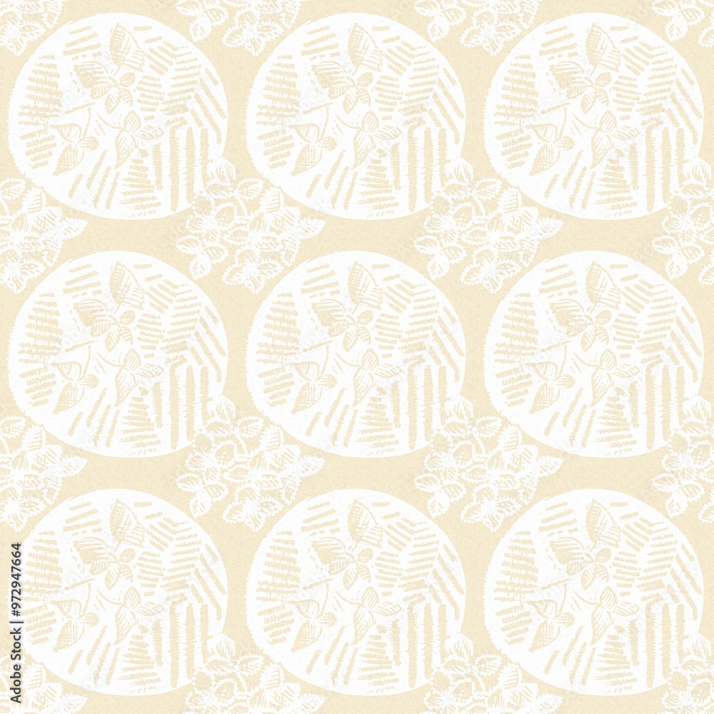 Naklejka premium Modern white on cream lace effect wedding background texture. Soft tonal linen openwork block print with subtle hand drawn lattice damask printed fabric backdrop. 