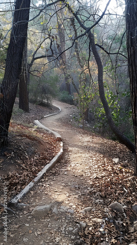 A winding path through a forest with sunlight streaming through the trees. A winding path through a forest with sunlight streaming through the trees.