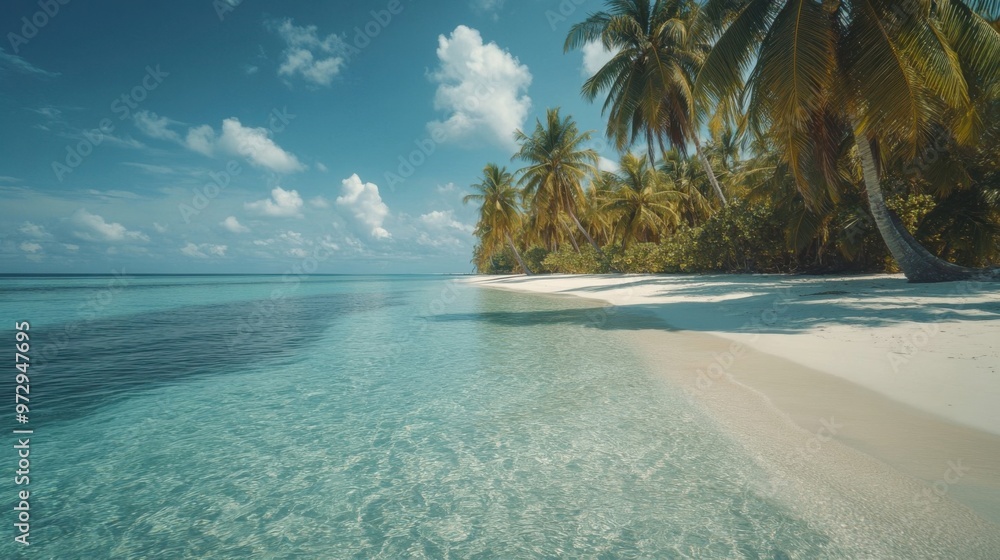 Fototapeta premium A tranquil beach scene with crystal clear waters, white sand, and palm trees swaying in the breeze.