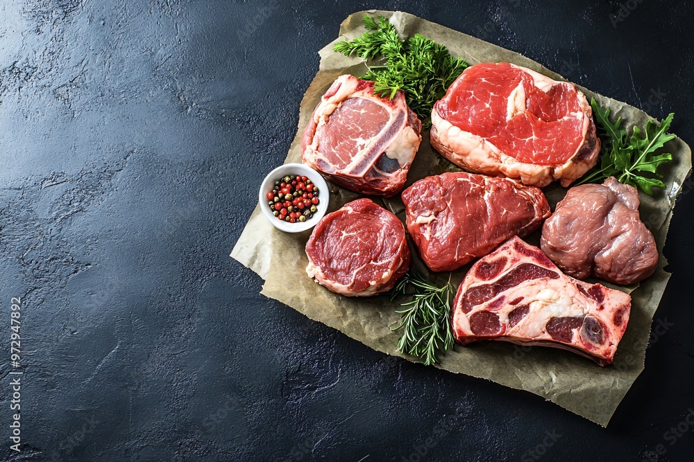 Delicious raw beef steaks ready for grilling on a black background with space for text. Perfect for a mouthwatering meal Delicious raw beef steaks ready for grilling on a black background with space for text. Perfect for a mouthwatering meal