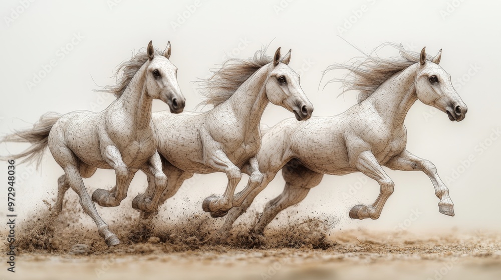 Three white horses are galloping together at full speed on a dusty terrain, with their manes flowing in the wind Three white horses are galloping together at full speed on a dusty terrain, with their manes flowing in the wind