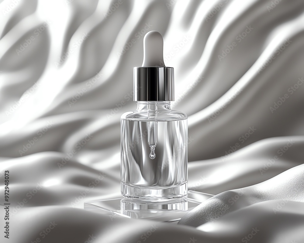 A glass dropper bottle of clear serum sits on a soft, white silk fabric, creating a luxurious and elegant visual. A glass dropper bottle of clear serum sits on a soft, white silk fabric, creating a luxurious and elegant visual.