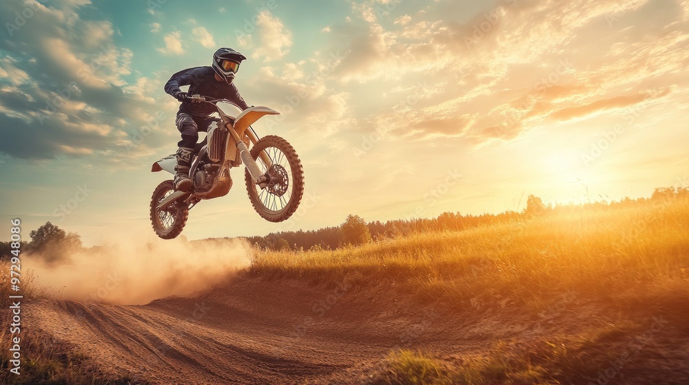 A motocross rider performing a jump at sunset, creating a dynamic and adventurous scene. A motocross rider performing a jump at sunset, creating a dynamic and adventurous scene.