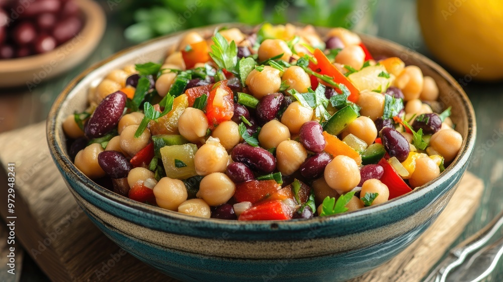 A healthy bean salad with a mix of chickpeas, black beans, and kidney beans, garnished with fresh vegetables and herbs, served in a colorful bowl. A healthy bean salad with a mix of chickpeas, black beans, and kidney beans, garnished with fresh vegetables and herbs, served in a colorful bowl.