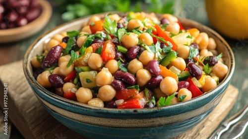 A healthy bean salad with a mix of chickpeas, black beans, and kidney beans, garnished with fresh vegetables and herbs, served in a colorful bowl.