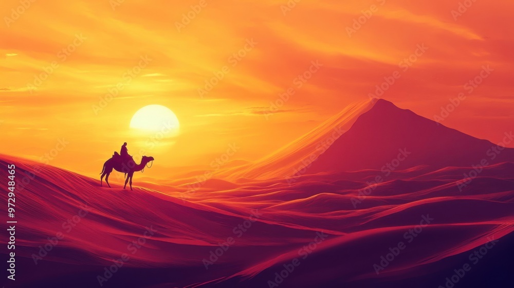 A surreal desert landscape with giant sand dunes and a lone traveler on a camel at sunset. A surreal desert landscape with giant sand dunes and a lone traveler on a camel at sunset.