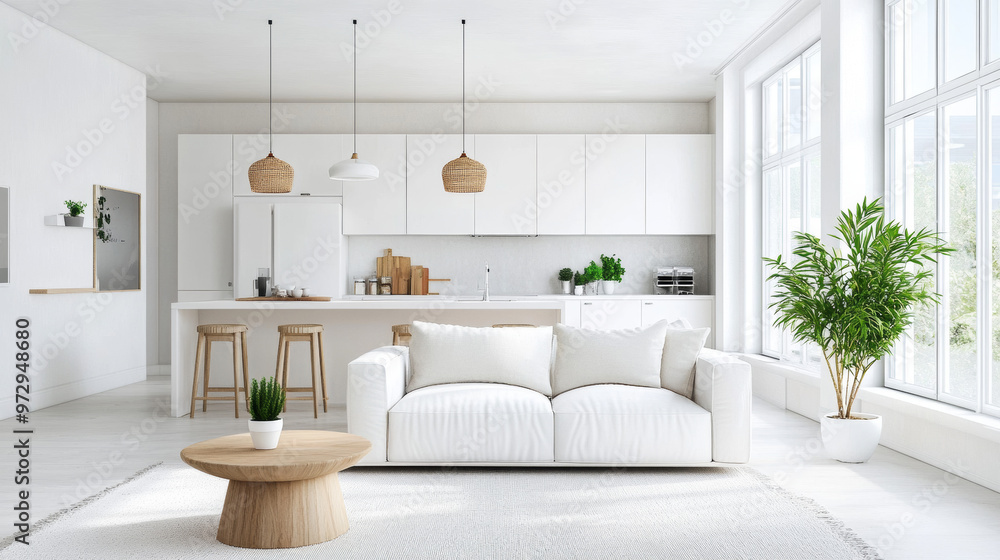 Fototapeta premium A bright and modern apartment with a white living room and kitchen.